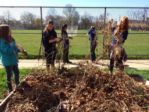 PREP WORK: Volunteers from the Do Something Club joined Janet Gaudino, JW science teacher and advisor to JW Iron Chef Food Literacy program, in preparing the school's garden beds for spring planting.