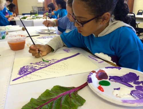 Olivia Giblin and other YMCA summer camp participants painted pictures of Swiss chard and other produce that will be spotlighted at all K-5 schools for PSGC's Garden State on Your Plate program this school year. Children chose vegetables from the Princeton Farmers' Market under the direction of Martha Friend, science teacher at Littlebrook Elementary School, and were assisted in drawing and painting guidance by Maria Evans from the Arts Council of Princeton.