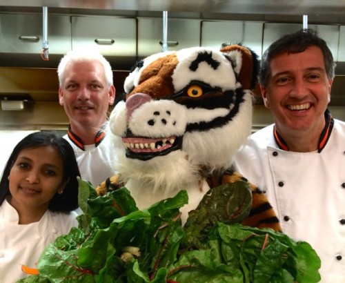 GARDEN STATE (CHARD) ON YOUR PLATE: From left, Smitha Haneef, Executive Director, Campus Dining; Rob Harbison, Executive Chef; the Princeton Tiger; Brad Ortega, Chef Manager; and Rick Piancone, Chef Manager (not pictured) are kicking off the Garden State on Your Plate program at all four public elementary schools in Princeton with a spotlight on Swiss chard grown by Jess Niederer, owner of Chickadee Creek Farm in Pennington. 