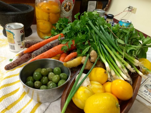 Preserved lemons, olives, multi-colored carrots and  scallions were among the ingredients available to the students.