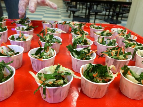 array of broccoli leaf slaw samples