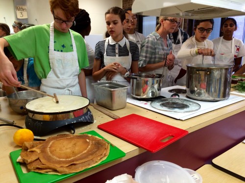 Crepe-making in one corner, and in the other, jam-making.